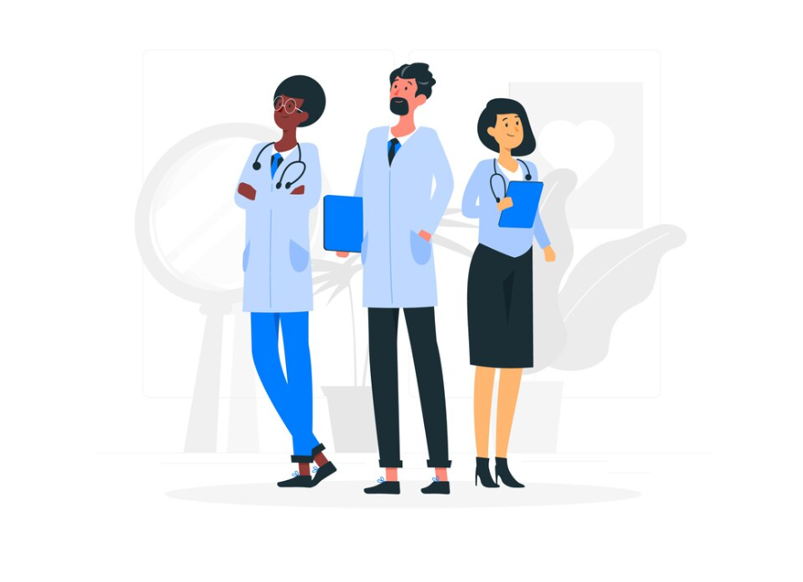 Illustration of diverse medical staff discussing in a hospital setting